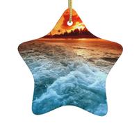 The Beach Sunset Double-Sided Printed Ceramic Star Christmas Ornament With Gold Hanging Cord-Festive Holiday Decoration For Home,Store, Christmas Tree
