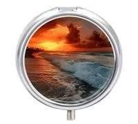 The Beach Sunset Pill Organizer 3 Compartment Travel Pillbox with Mirror Daily Medicine Pill Case Metal Pill Box for Purse & Pocket Portable Small Medicine Box Round Vitamin Case Container