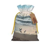 The Beach with Sea Birds Printed Christmas Drawstring Bags,M | Reusable Xmas Gift Storage Bags, Yellow Christmas Ribbon