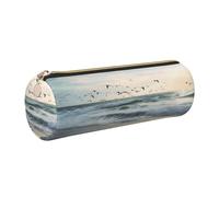 The Beach with Sea Birds Printed Cylindrical Leather Pencil Case for Girls Boys, Gold Zipper Pencil Bag Pen Pouch Organizer for Student School Office College