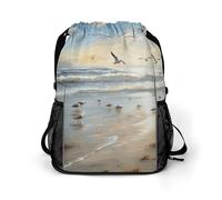 The Beach with Sea Birds Sports Drawstring Backpack,Packsack with Shoe Compartment And Wet Proof Pocket for Youth