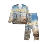 The Beach With Sea Birds Women'S Long-Sleeved Pajama Set Loungewear All Seasons Warm Top Wide Leg Pants Black