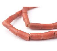 The Bead Chest Yoruba Mock Coral Sandcast Tube Beads 12x6mm Nigeria African Red Glass Large Hole 25 Inch Strand Handmade