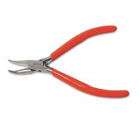 The Beadsmith Slim Line Bent Chain Nose Pliers, 4.75 inches (120mm) with polished steel head, red PVC comfort grip handle with double-leaf spring, tool for jewelry making