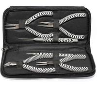 The Beadsmith Zebra Print Tool Kit - 6 Pieces: Chain, Round, and Bent Chain Nose w/Side Cutter, Tweezers, & Reamer with Zippered Pouch, 5-Inch Each