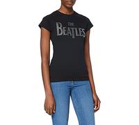 The Beatles Women's Drop T Logo & Rhinestones Slim Fit Short Sleeve T-Shirt, Black, Size 10 (Manufacturer Size:Medium)