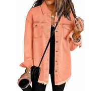 The Beauty North Denim Jacket, Women’s Oversized Button Up Frayed Hem Shacket Long Sleeve Pockets Denim Jean Jacket (Coral,M)