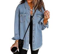 The Beauty North Denim Jacket, Women’s Oversized Button Up Frayed Hem Shacket Long Sleeve Pockets Denim Jean Jacket (Denim blue,L)