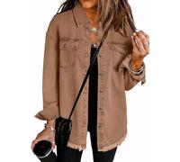 The Beauty North Denim Jacket, Women’s Oversized Button Up Frayed Hem Shacket Long Sleeve Pockets Denim Jean Jacket (Coffee,S)