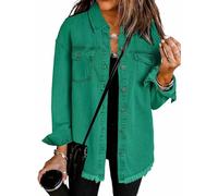 The Beauty North Denim Jacket, Women’s Oversized Button Up Frayed Hem Shacket Long Sleeve Pockets Denim Jean Jacket (Green,2XL)