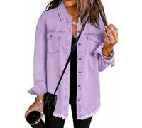 The Beauty North Denim Jacket, Women’s Oversized Button Up Frayed Hem Shacket Long Sleeve Pockets Denim Jean Jacket (Purple,M)