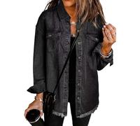 The Beauty North Denim Jacket, Women’s Oversized Button Up Frayed Hem Shacket Long Sleeve Pockets Denim Jean Jacket (Black,M)