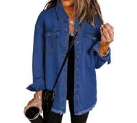 The Beauty North Denim Jacket, Women’s Oversized Button Up Frayed Hem Shacket Long Sleeve Pockets Denim Jean Jacket (Dark blue,M)