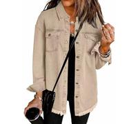 The Beauty North Denim Jacket, Women’s Oversized Button Up Frayed Hem Shacket Long Sleeve Pockets Denim Jean Jacket (Khaki,S)