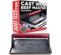 The Beef Master Cast Iron Grill Press - XL Burger Press, Pre-Seasoned Griddle Press, Heavy Duty Meat Press for Bacon, Burgers, and Steak with Cool Touch Handle - 10”x10”x4”