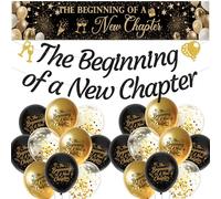 The Beginning of a New Chapter Decorations - Black Gold Glitter Banner and Latex Balloons for Retirement, Graduation Engagement Leaving Party Supplies