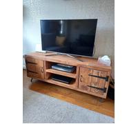 The Bespoke Carpentry Co Pine TV Stand with Storage - 2 Doors - Whiskey - Length 220cm - Steel Hairpin Legs