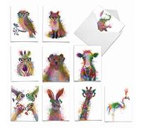 The Best Card Company - 10 Unique Blank Watercolor Animal Note Card Box Set 4 x 5 Inch + Envelopes (10 Unique Designs) Kids Greeting Cards, Camp Stationery, Funky Rainbow Wildlife M4948OCB-B1x10