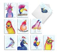 The Best Card Company 20 Assorted Blank Notecards Bulk Box Set 4 x 5.12 Inch with Envelopes (10 Designs, 2 Each) Funky Birds AM11015OCB-B2x10