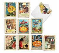 The Best Card Company 20 Assorted Halloween Notecards Boxed Set 4 x 5.12 Inch with Envelopes (10 Designs, 2 Each) Vintage Witches AM10140HWG-B2x10