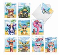 The Best Card Company Assorted Funny Wildlife Watercolor Blank Greeting Card Box Set - Incl. 10 Unique Notecards Designs + Envelopes for Thank You, Invitations - Animal's Day Off AM6670OCB-B1x10