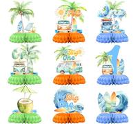 The Big One Surf Theme Table Centerpieces - 12PCS Tropical Beach 1st Birthday Decorations for Boy, Summer Palm Tree and Surf Van Honeycomb Table Toppers for Baby Shower or Luau Party
