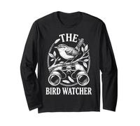 The Bird Watcher Vintage Etching Style Bird with Binoculars Long Sleeve T-Shirt