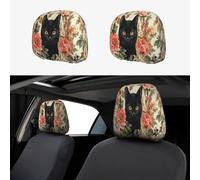 The Black Cat Is Among The Flowers Head Rest Cover Car Accessories, 2 Pcs Car Seat Headrest Cover, Washable Headrest Protector Universal Fit To All Car Suvs Truck Van Vehicles Auto