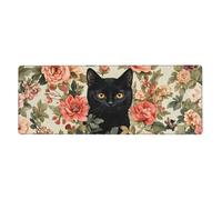 The Black Cat Is Among The Flowers Mouse Pad In Big Extended Non-Slip Rubber Base Mousepad With Stitched Edges Gaming Pc Desktop Large Mouse Pad 11.8x31.5