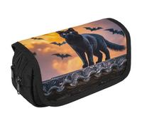 The Black Cat Is Pacing on The Roof Pencil Case Organizer - Large Capacity 3 Compartment Pencil Pouch for Adults, Portable Makeup Bag & Aesthetic Stationery Bag with Zipper (8.7x4.3") Unisex Gift
