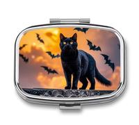 The Black Cat is Pacing on The Roof Pill Box 2 Compartment Portable Pill Case Daily Square Pill Organizer for Pocket Purse Daily Medicine Container to Hold Vitamins Fish Oil Travel Gifts
