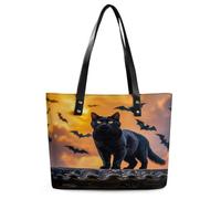 The Black Cat Is Pacing on The Roof Tote Bag Large Soft Leather Purse with Zipper Lightweight Ladies Shoulder Handbag