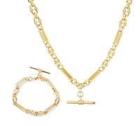 THE BLING KING 18k Gold Plated Stars and Bars T-Bar Chain Necklace and Bracelet Set Luxury Finish and Detailing Matching set (Chain: 20 inches, Bracelet fits 8-8.5 inches, Weight: 70g)