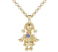 THE BLING KING Gold Rag Doll Pendant Necklace for Women, Multi-Colour CZ Stone Doll Charm, 22-Inch 5mm Belcher chain, PVD Gold Plated Statement Necklace, Gift for Her