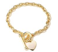 THE BLING KING Gold Toggle Heart Bracelet with Oval Links and T Bar - Elegant 18K Real Gold Plated Jewellery for Women - Engravable Heart Tag Design - Fits up to 8 Inch Wrists