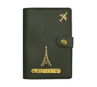 The Bling Stores Personalised Passport Holder Premium PU Leather and Key Ring for Men Boys and Women | Double Coated with Fur and Leather for Comfort |, Military Green, Casual