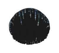 The Blue Binary Print Large Waterproof Shower Bonnet For Women Long Hair, Washable Elastic Band Bath Hair Hat
