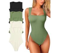 The Bodysuit, Women's Sexy Ribbed Square Neck Sleeveless Bodysuits, Tummy Control Tank Tops Body Suit (Light Green,M)