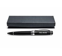 THE BOSS Engraved Black Twist Ballpoint Pen, Metal Writing Pen with Smooth Black Ink and Presentation Box