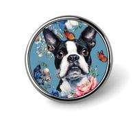 The Boston Terrier And Flowers Round Metal Brooches 1 Inch Memorial Badges Exquisite Decorations Pins for Clothing