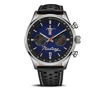 The Bradford Exchange - ‘Ford Mustang - Blue Edition’ Men’s Watch - with Durable Stainless Steel casing, a Genuine Leather Strap, Stop-Start Chronograph Functions, and Logo.