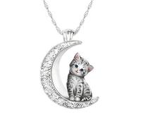 The Bradford Exchange 'My Beloved Kitten' Grey Cat Moon Ladies' Pendant - A unique grey cat-inspired ladies' pendant, with silver-plating and genuine Swarovski® crystals in a crescent moon design