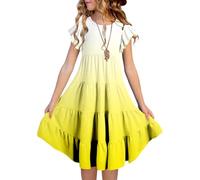 The Braid Girls Summer Dress Round Neck Ruffle Sleeve Multilayer A-line Casual Gradient Color (6-15 Years) Red Girl, yellow, 14- 15 Years