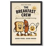 The Breakfast Crew Kitchen Wall Art, Modern Food Poster, Cartoon Mascot Prints, Kitchen Typographic Home Decor, A5 (Black Frame) - 24.1x17.9cm