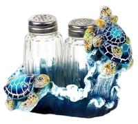 The Bridge Collection 4" Ocean Sea Turtles Salt and Pepper Shaker Holder Set - 3 Piece Set - Turtle Kitchen Items - Fun Salt and Pepper Shakers for Coastal, Nautical, or Beach House Decor