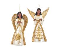 The Bridge Collection African American Angel Ornaments - Set of 2 - Ivory & Gold Festive Angel Ornaments for Holiday Decor - Glittery Christmas Angels