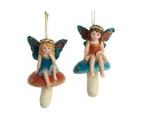 The Bridge Collection Charming Monach Fairy Ornaments on Mushrooms - 4.5" Set of 2 Woodland Butterfly Fairies for Christmas Decor