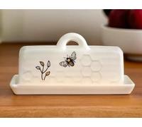 The Bridge Collection Decorative Honey Bee Butter Dish - White Ceramic Honeycomb Pattern With Floral Detail - Farmhouse Style Kitchen Storage For Butter