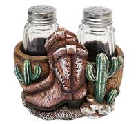The Bridge Collection Decorative Salt and Pepper Shaker Set - 3 Piece - Western Cowboy Design with Glass Shakers
