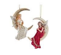 The Bridge Collection Fairy on Moon Ornaments - Set of 2 - Glitter Angel Fairies Ornaments for Holiday Decor - Fairy Christmas Ornaments